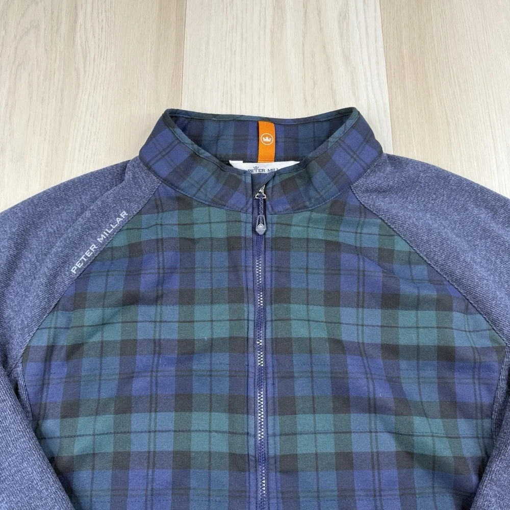 PETER MILLAR Flannel Merge Hybrid Full Zip Golf Jacket Blue Plaid Mens Size XL